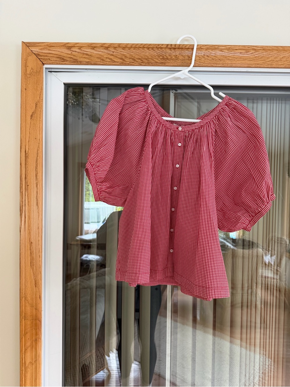 NWT Doen June Red (Cerise) Gingham Button-Front Puff Sleeve Blouse